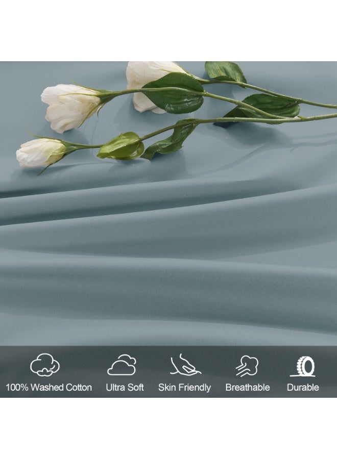 PHF 100% Washed Cotton Fitted Sheet Full Size Linen Like Cozy Soft Bottom with Elastic Deep Pockets Easy Fit Breathable Warm Non Shrink, Dusty Blue - Image 2