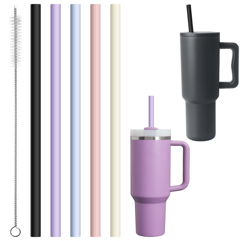 Diumepo 12.2â€ Silicone Straws Reusable for Stanley/Simple Modern/Meoky 30 oz 40 oz Tumbler, 5 Pack Reusable Long Rubber Drinking Straw for 64 oz Water Bottle, Cleaning Brush - Image 1