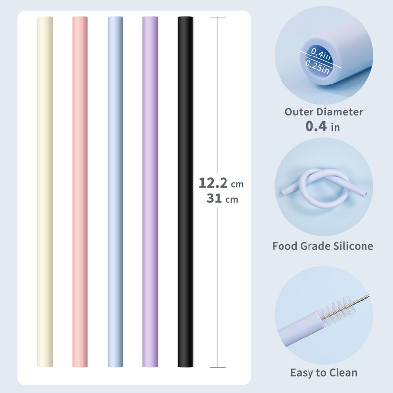 Diumepo 12.2â€ Silicone Straws Reusable for Stanley/Simple Modern/Meoky 30 oz 40 oz Tumbler, 5 Pack Reusable Long Rubber Drinking Straw for 64 oz Water Bottle, Cleaning Brush - Image 3
