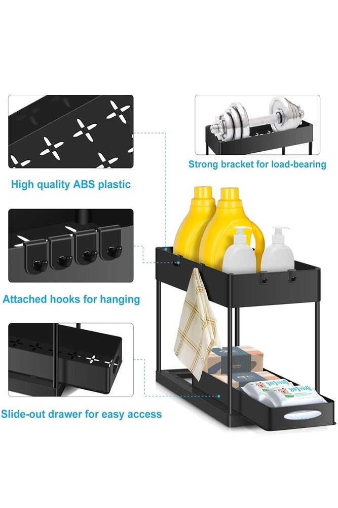 بيلسبيري منظم ذو طبقتين أسفل الحوض مع درج منزلق وخطافات - رف تخزين متعدد الأغراض لخزانة الحمام والمطبخ - Image 3