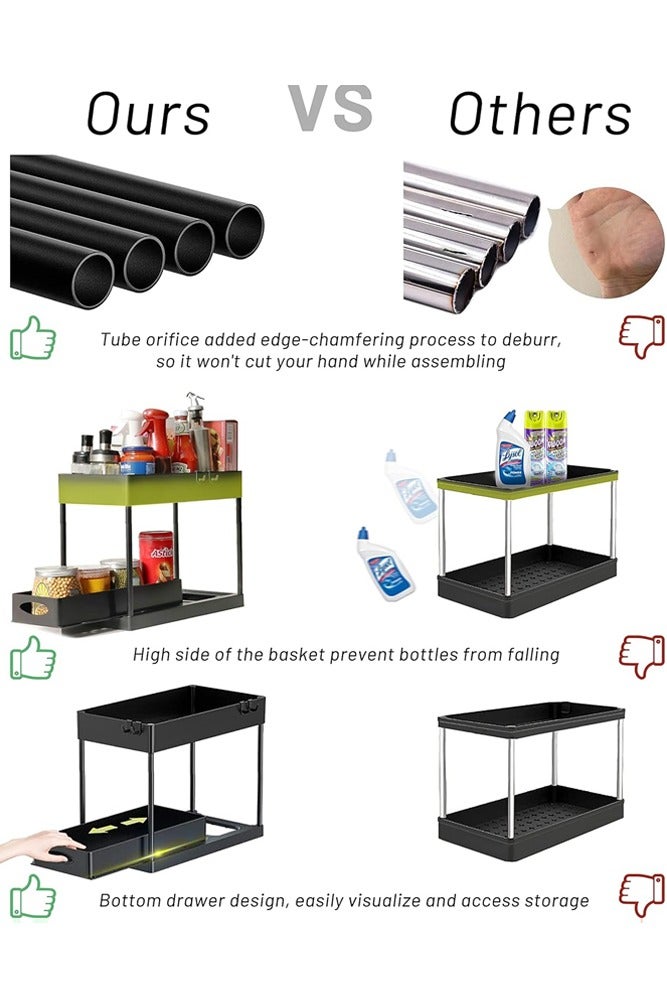 بيلسبيري منظم ذو طبقتين أسفل الحوض مع درج منزلق وخطافات - رف تخزين متعدد الأغراض لخزانة الحمام والمطبخ - Image 4