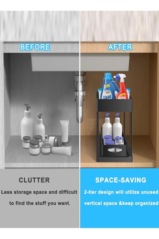 بيلسبيري منظم ذو طبقتين أسفل الحوض مع درج منزلق وخطافات - رف تخزين متعدد الأغراض لخزانة الحمام والمطبخ - Image 5