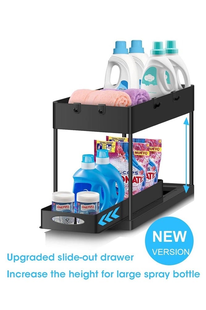 بيلسبيري منظم ذو طبقتين أسفل الحوض مع درج منزلق وخطافات - رف تخزين متعدد الأغراض لخزانة الحمام والمطبخ - Image 2