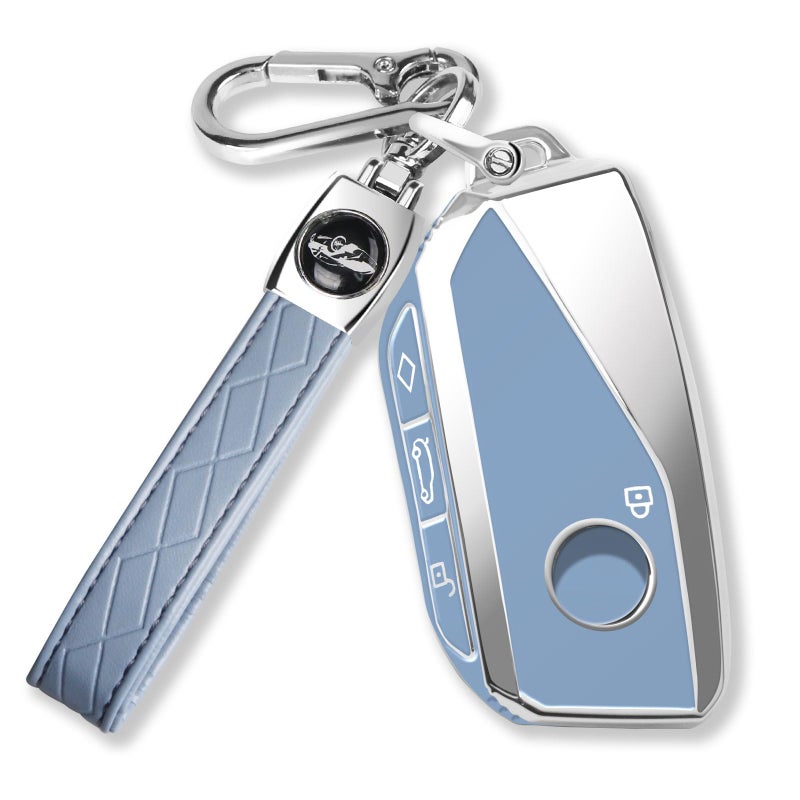 QBUC for BMW Key Fob Cover with Keychain Chrome Silver Trim Soft TPU Protection Case Compatible with 20232025 BMW 7 Series 740 760i I5 I7 IX X1 X5 X6 X7 XM Blue