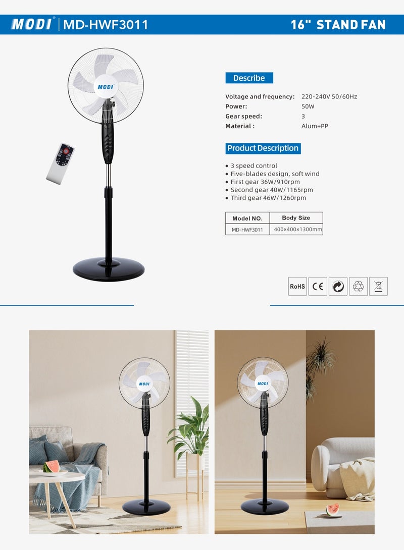 Stand Fan – 16″ Adjustable Height 50 W, 3 Speed, Remote + LED Timer, 5-Blade Oscillating Pedestal Fan  - Image 2