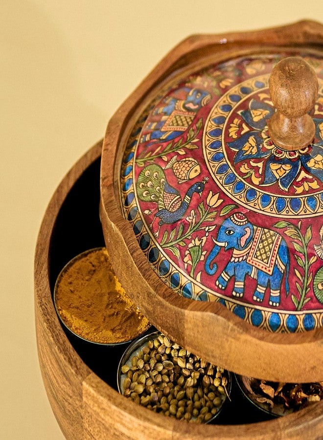 بريك براون علبة ماسالا خشبية من بريك براون® ميثيلا مع غطاء | منظم علب توابل | برطمانات توابل | علبة ماسالا على شكل زهرة مع 7 حاويات فولاذية وملعقة خشبية واحدة | رف توابل أنيق للمطبخ - Image 4