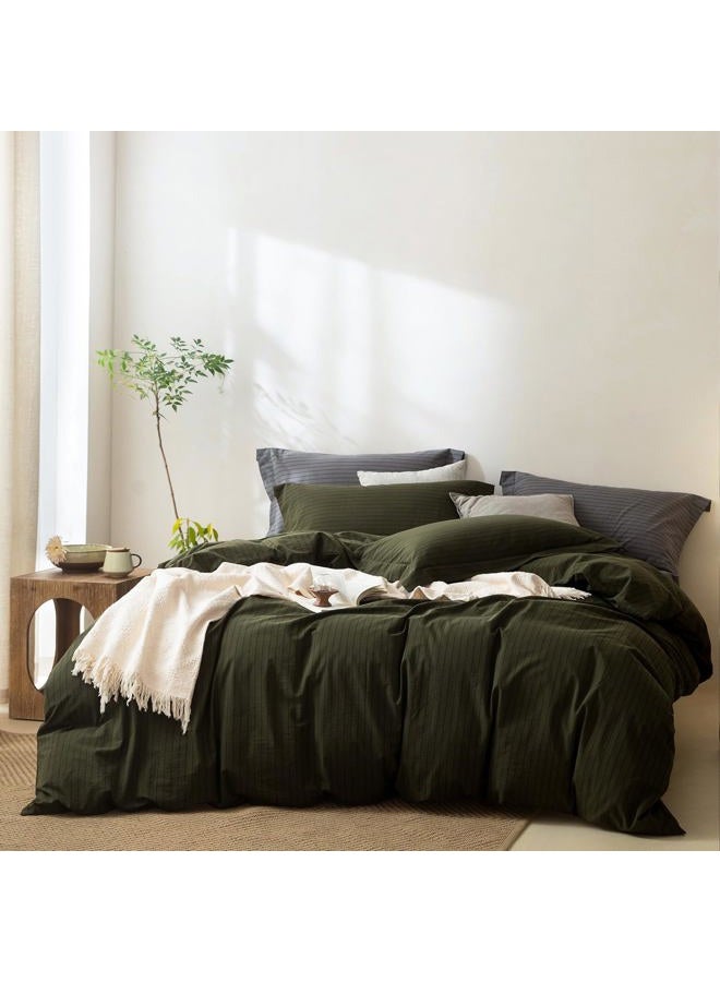 BDEAR Pinstripe Duvet Cover Queen Size 90in x 90in, Oeko Text Standard 100% Washed Cotton Duvet Cover with Zipper Closure and 2 Pillowcases, Stripe:Olive Green-Black - Image 1