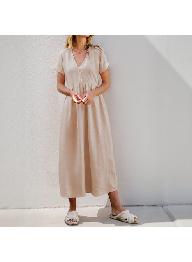 Song Feng Ya New European And American Home Leisure Simple Loose Button Decoration V-neck Solid Color Dress - Image 2