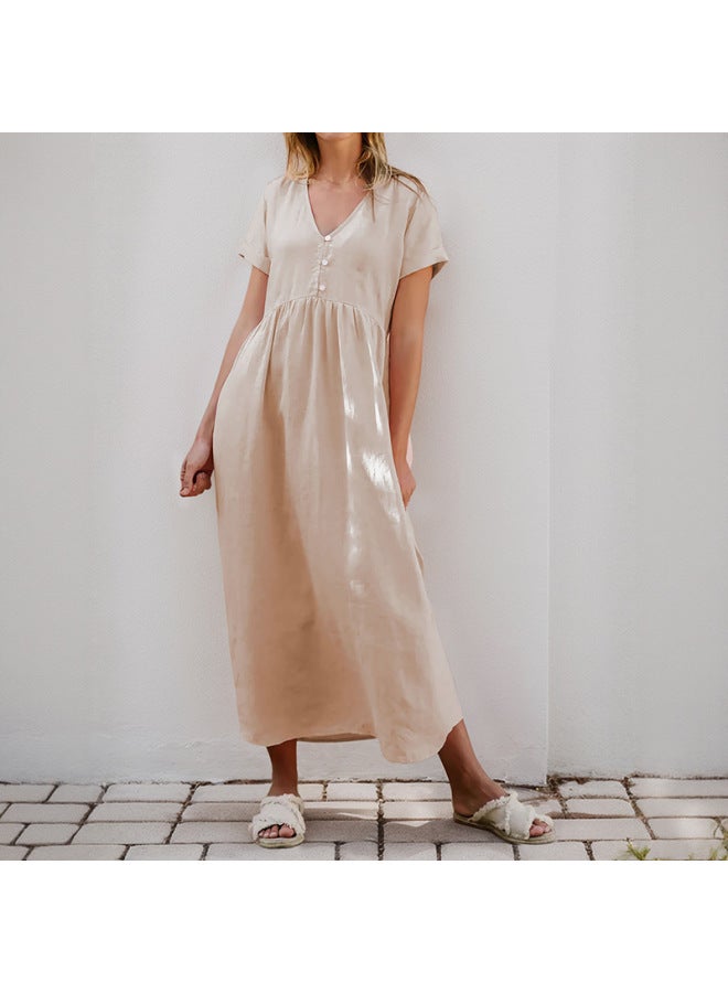 Song Feng Ya New European And American Home Leisure Simple Loose Button Decoration V-neck Solid Color Dress - Image 3