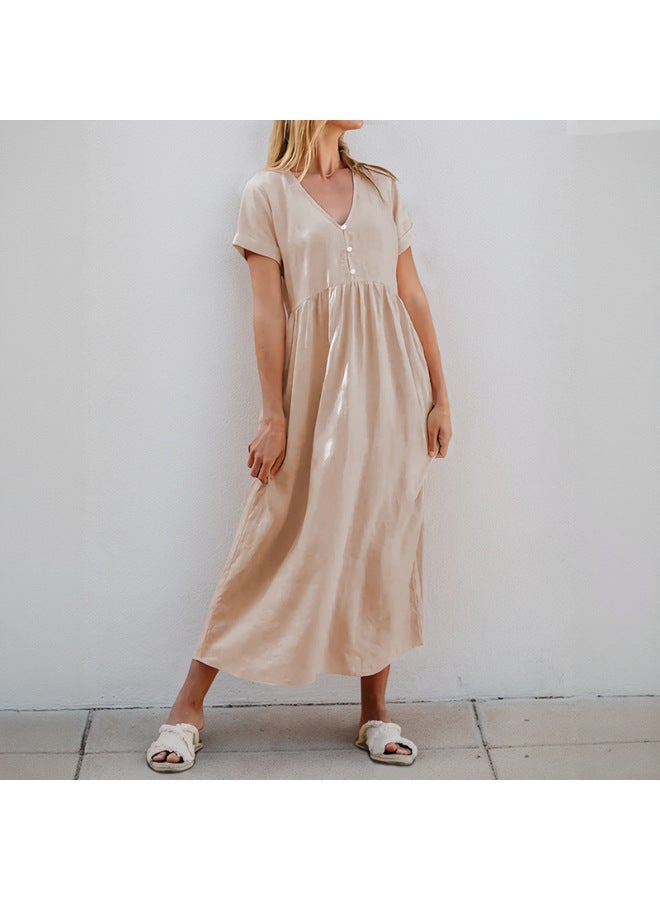 Song Feng Ya New European And American Home Leisure Simple Loose Button Decoration V-neck Solid Color Dress - Image 1