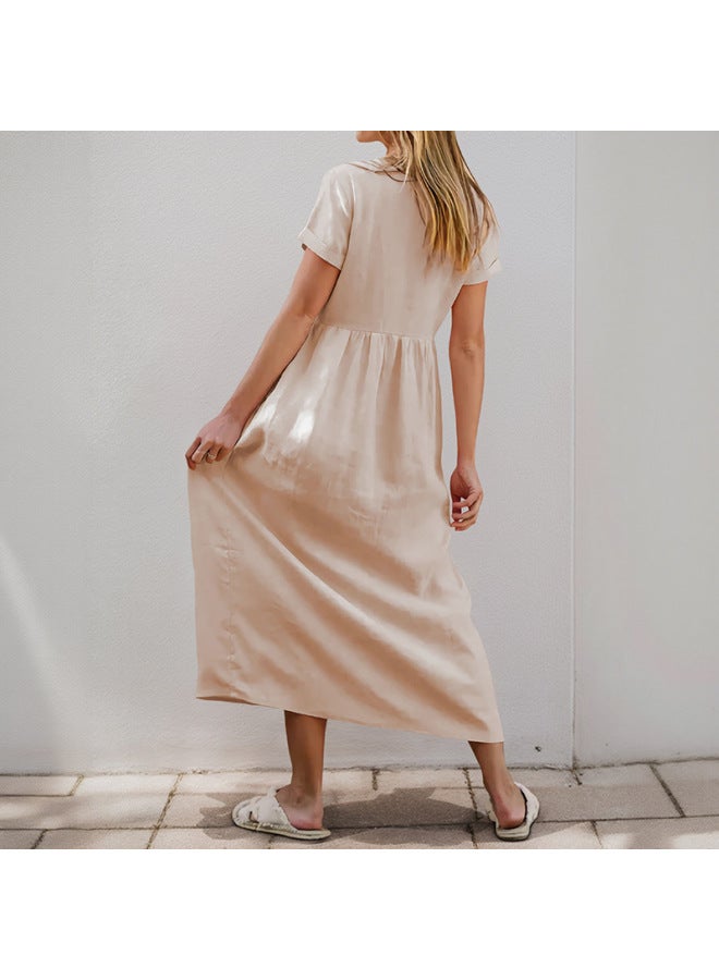 Song Feng Ya New European And American Home Leisure Simple Loose Button Decoration V-neck Solid Color Dress - Image 4