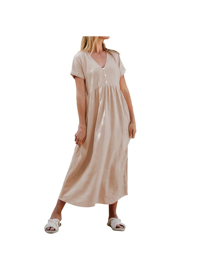 Song Feng Ya New European And American Home Leisure Simple Loose Button Decoration V-neck Solid Color Dress - Image 5