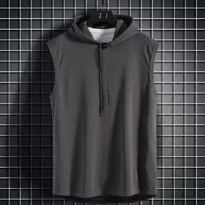 Factory wholesale vest mens fashion brand ins fashion sports waistcoat bottoming shirt hooded loose sweater sleeveless T-shirt tide Grey  - Image 1