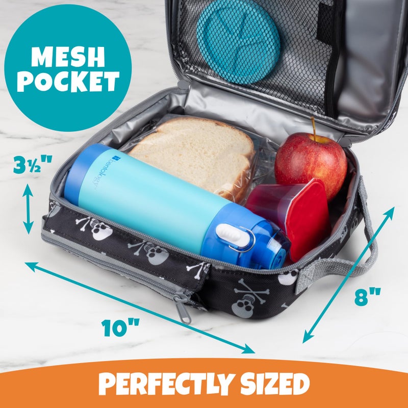 Bentology Insulated Lunch Box W Snack Pocket & Water Bottle Holder - Boys Or Kids School Lunchbox Tote Keeps Food Hotter Or Colder Longer- Reusable Bag Fits Most Bento Boxes Ice Packs Nesting Containers - Skull - Image 4