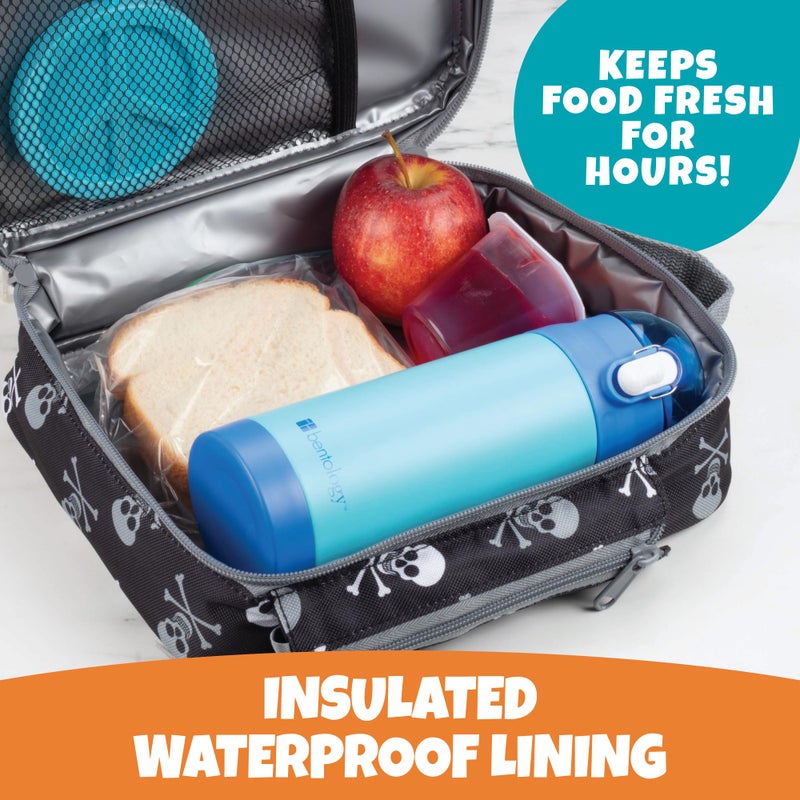 Bentology Insulated Lunch Box W Snack Pocket & Water Bottle Holder - Boys Or Kids School Lunchbox Tote Keeps Food Hotter Or Colder Longer- Reusable Bag Fits Most Bento Boxes Ice Packs Nesting Containers - Skull - Image 2