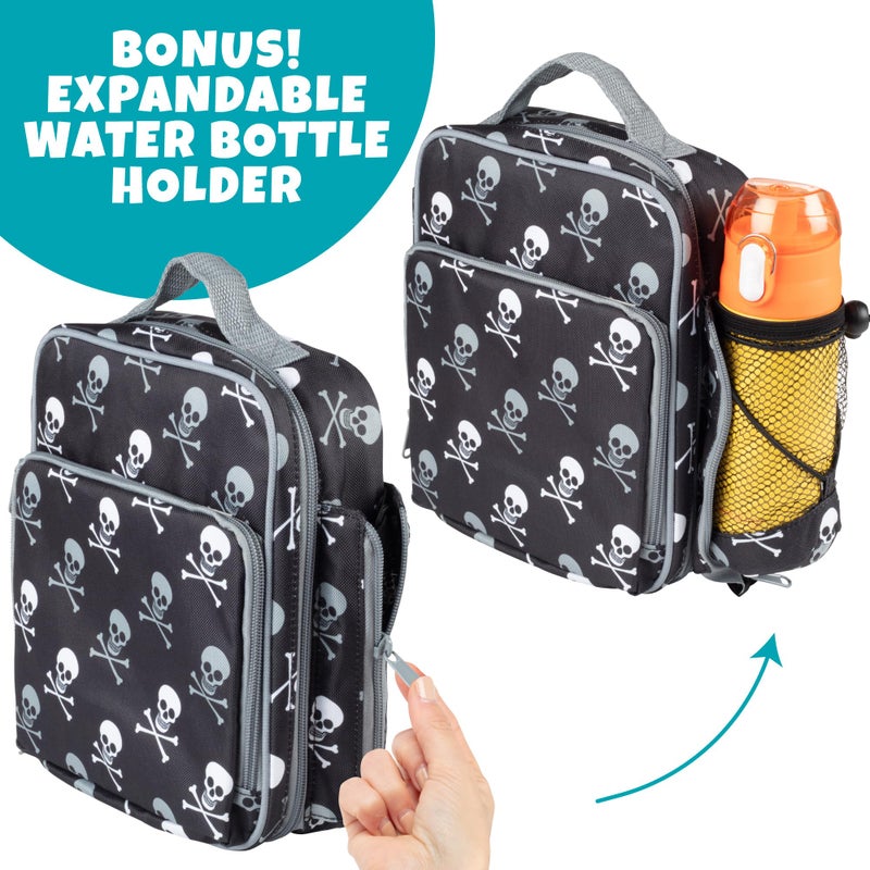Bentology Insulated Lunch Box W Snack Pocket & Water Bottle Holder - Boys Or Kids School Lunchbox Tote Keeps Food Hotter Or Colder Longer- Reusable Bag Fits Most Bento Boxes Ice Packs Nesting Containers - Skull - Image 3