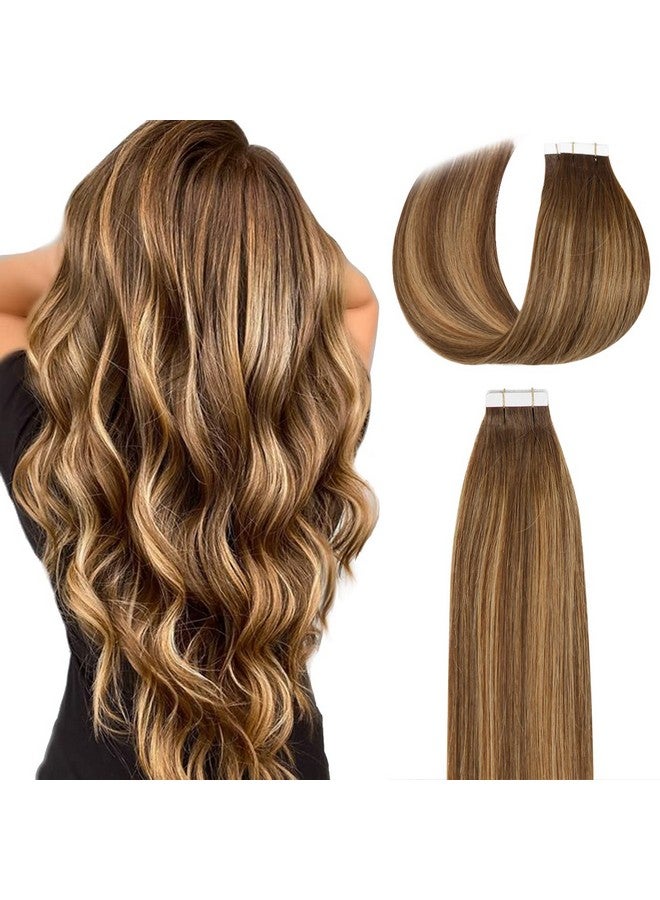 Lacer Hair Tape On Hair Extensions Remy Human Hair 20 Pieces 50 Grams Balayage Chocolate Brown To Caramel Blonde Highlights With Chocolate Brown Roots Tape In Hair Extensions 16 Inch R44/27 - Image 1