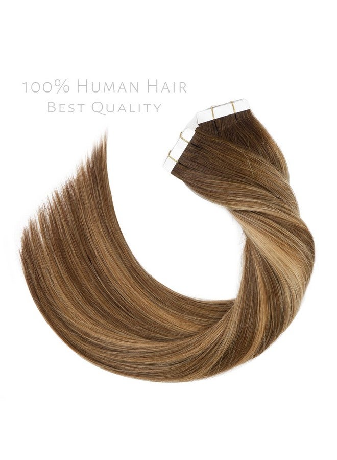 Lacer Hair Tape On Hair Extensions Remy Human Hair 20 Pieces 50 Grams Balayage Chocolate Brown To Caramel Blonde Highlights With Chocolate Brown Roots Tape In Hair Extensions 16 Inch R44/27 - Image 4
