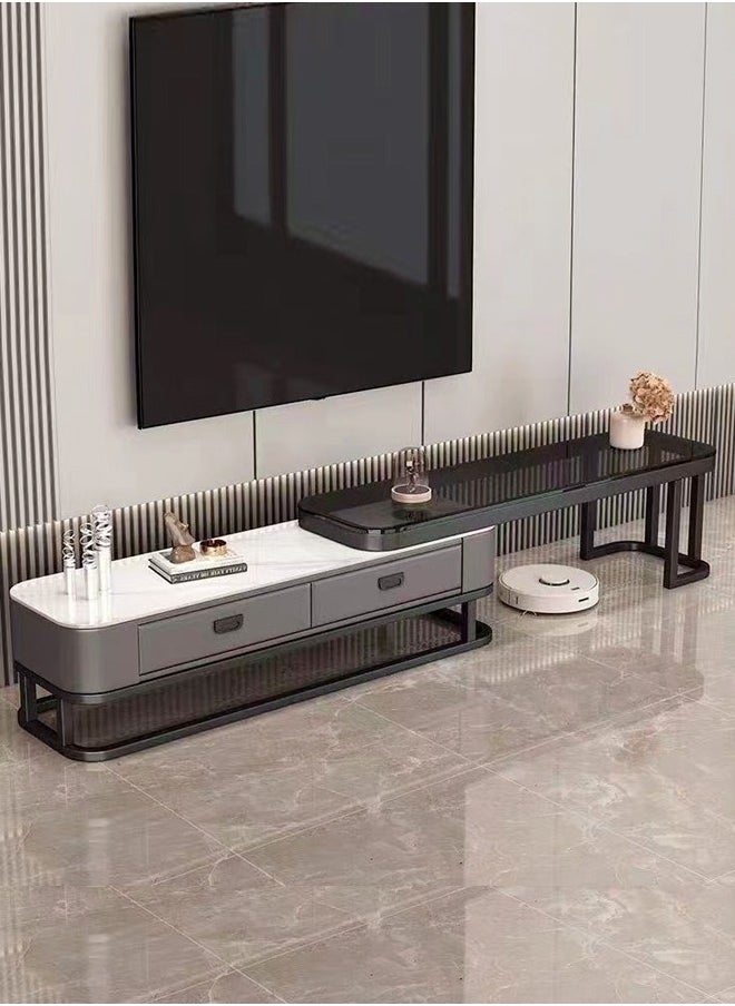 fashionhome - Multipurpose Use Nested Design Modern European Luxury Style Retractable Length Console Mount TV Stand Tempered Glass Tabletop TV Console Table with 2 Drawers Storage Tv Cabinet Entryway Console Table for Hallway Living Room 200x35x41CM - Image 1