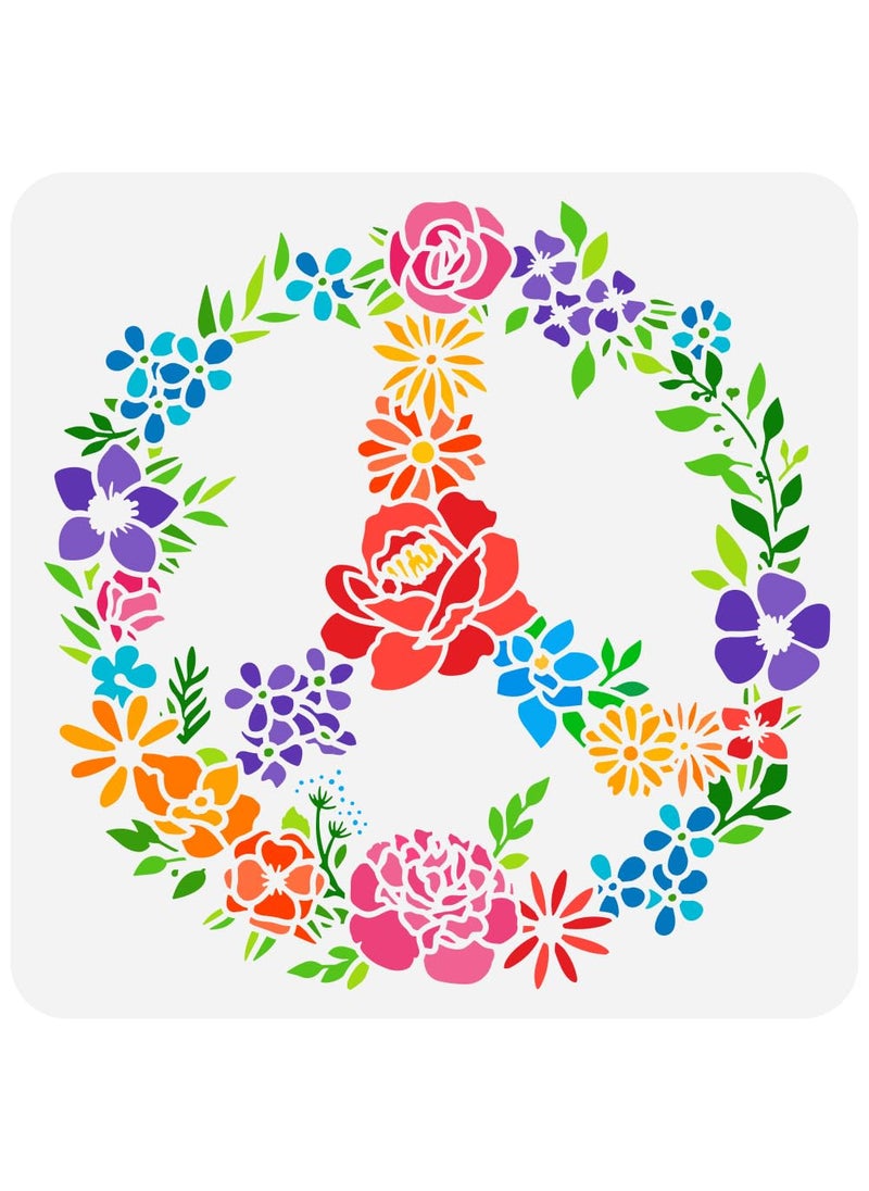 FINGERINSPIRE FINGERINSPIRE Floral Peace Symbol Painting Stencil 11.8x11.8 inch Reusable Peace Sign and Rose Flower Drawing Template Vine Wreaths Stencil for Painting on Wood Wall Fabric Paper Furniture  - Image 1