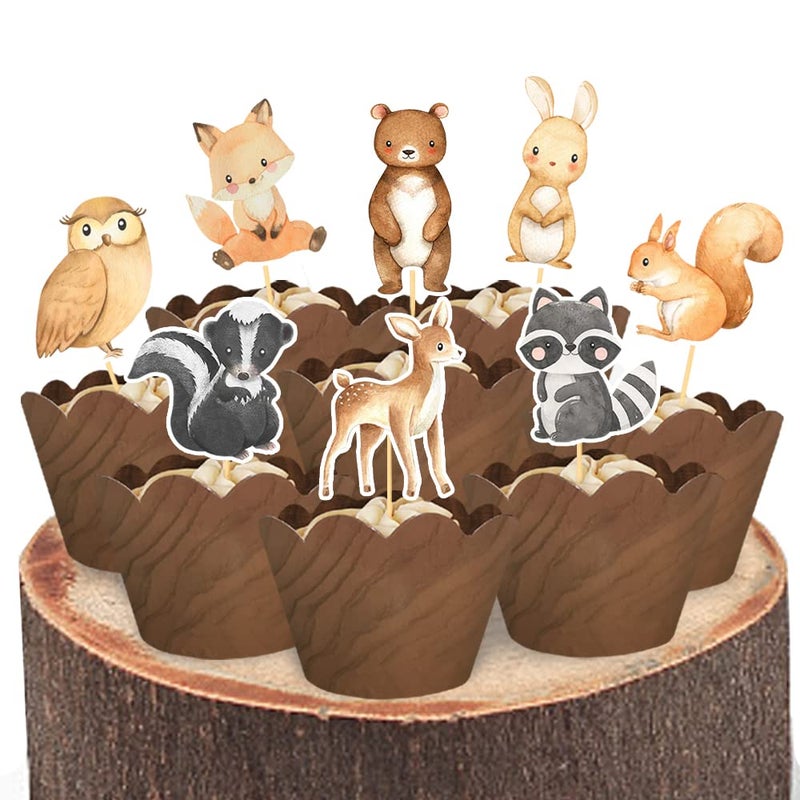 Aukolass 24 Pcs Woodland Cupcake Toppers and Wrappers Jungle Safari Zoo Cake Decorations Food Picks for Animal Theme Baby Shower Birthday Party Supplies - Image 3