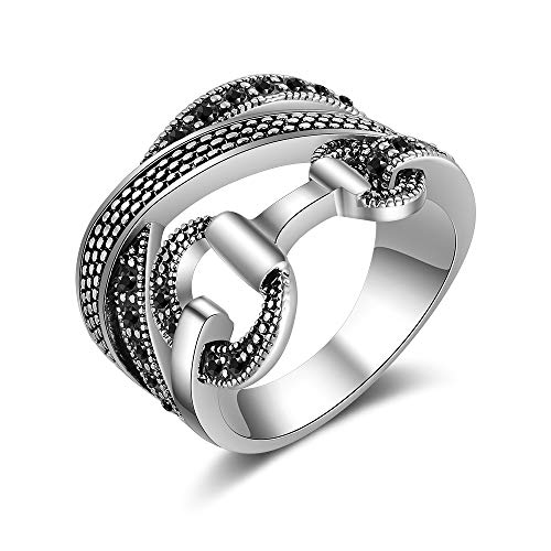 Mytys Criss Cross Gold Rings for Women Vintage Silver Statement Ring Black & Clear Crystal Belt Design Band Rings Christmas Gift (silver size 9) - Image 1