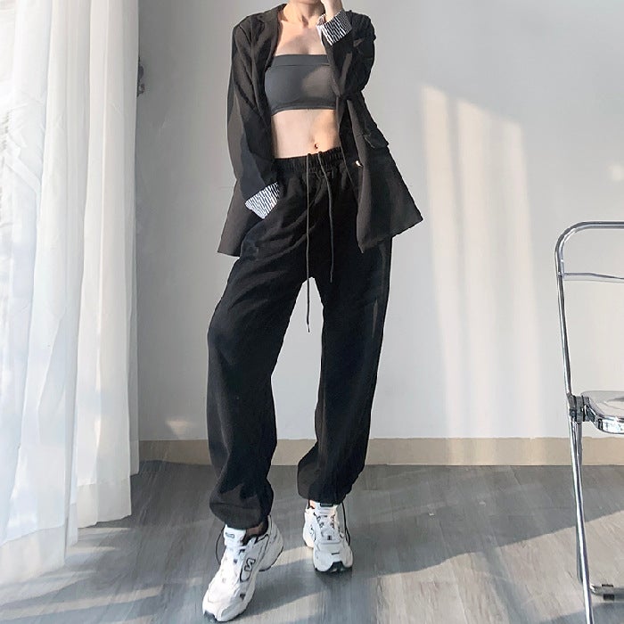 White Gray Sports Pants Womens Spring and Autumn Summer 2024 New Loose Foot-toe Sweatpants Slimming Casual Drawstring Wide-leg Pants Black fleece-lined 