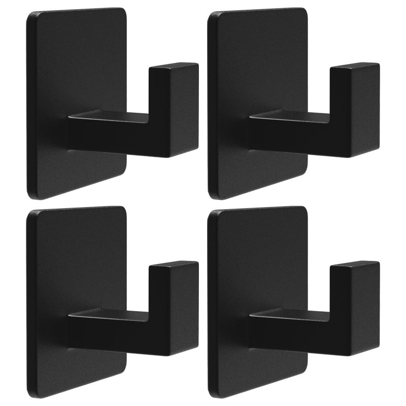 VAEHOLD 4 Pack Adhesive Towel Hooks Heavy Duty Wall Hooks Aluminum Hooks Stick on Door Kitchen Bathroom for Hanging Coat Hat Towel Robe Clothes Black
