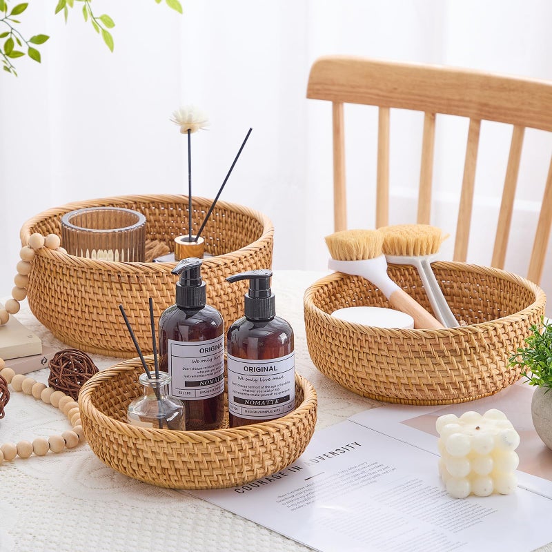 Kmelep Hand-Woven Stackable Rattan Basket, Set of 3, Fruit Bread Serving Bowls, for Farmhouse Kitchen Storage & Decor - Image 4
