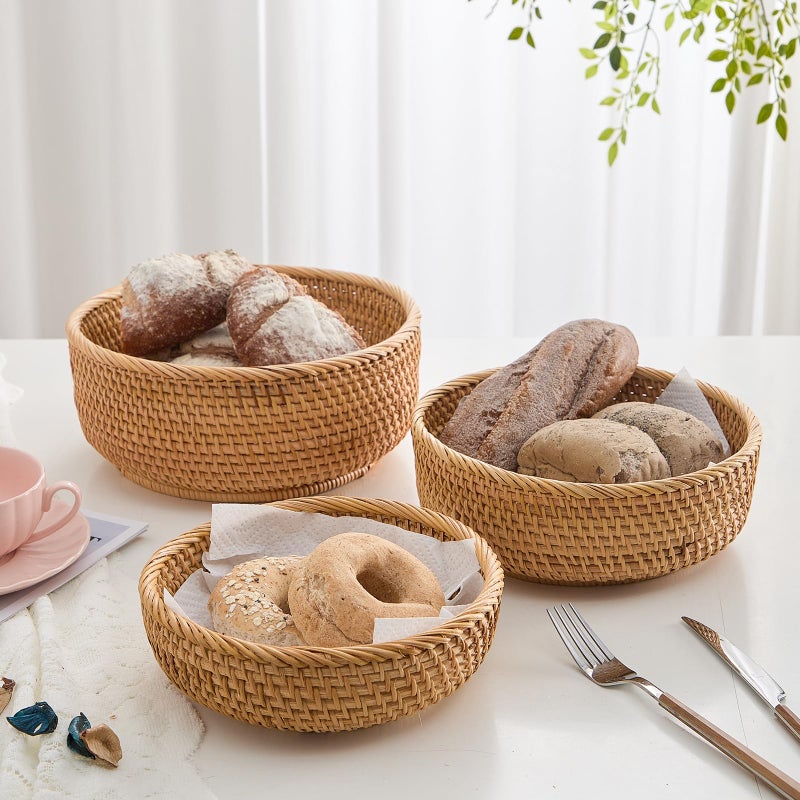 Kmelep Hand-Woven Stackable Rattan Basket, Set of 3, Fruit Bread Serving Bowls, for Farmhouse Kitchen Storage & Decor - Image 3