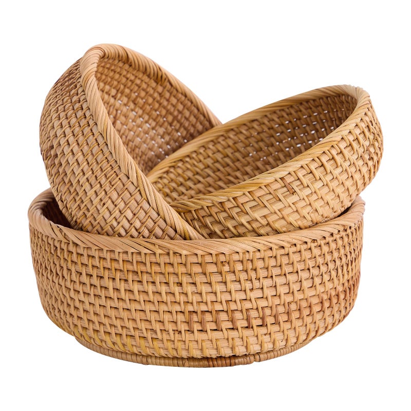 Kmelep Hand-Woven Stackable Rattan Basket, Set of 3, Fruit Bread Serving Bowls, for Farmhouse Kitchen Storage & Decor - Image 1