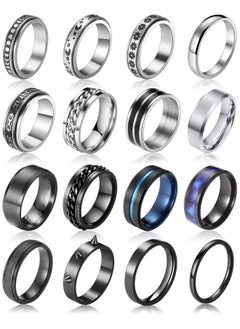 Stainless Steel Fidget Rings For Men Women 16 Pcs Men Rings Set Fidget Rings For Anxiety Cool Sliver Black Spinner Men'S Band Ring Pack Jewelry