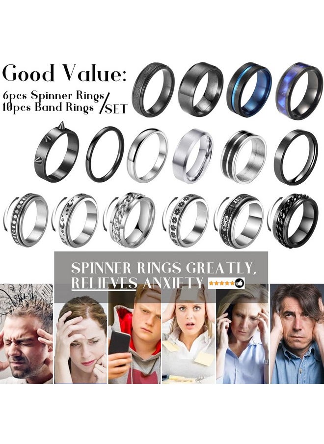 FAXHION - Stainless Steel Fidget Rings For Men Women 16 Pcs Men Rings Set Fidget Rings For Anxiety Cool Sliver Black Spinner Men'S Band Ring Pack Jewelry - Image 1
