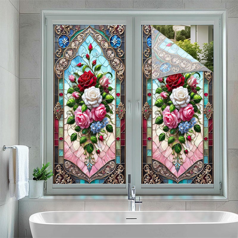 BlissYard Stained Glass Window Film Rose Bouquet Window Privacy Film Stained Decals Static Cling Sun Blocking Decor for Home Office Windows Doors Glass Partitions 17.7x39.3 inch - Image 5