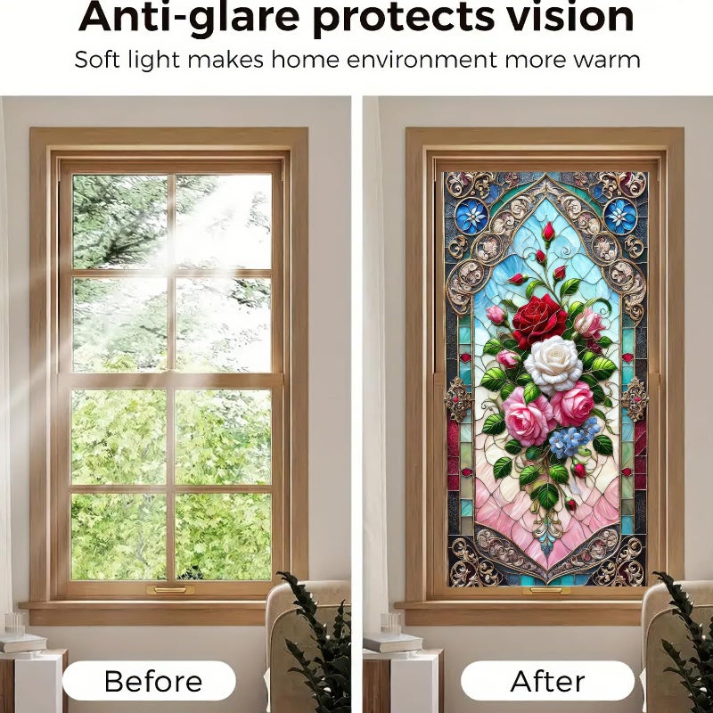 BlissYard Stained Glass Window Film Rose Bouquet Window Privacy Film Stained Decals Static Cling Sun Blocking Decor for Home Office Windows Doors Glass Partitions 17.7x39.3 inch - Image 2