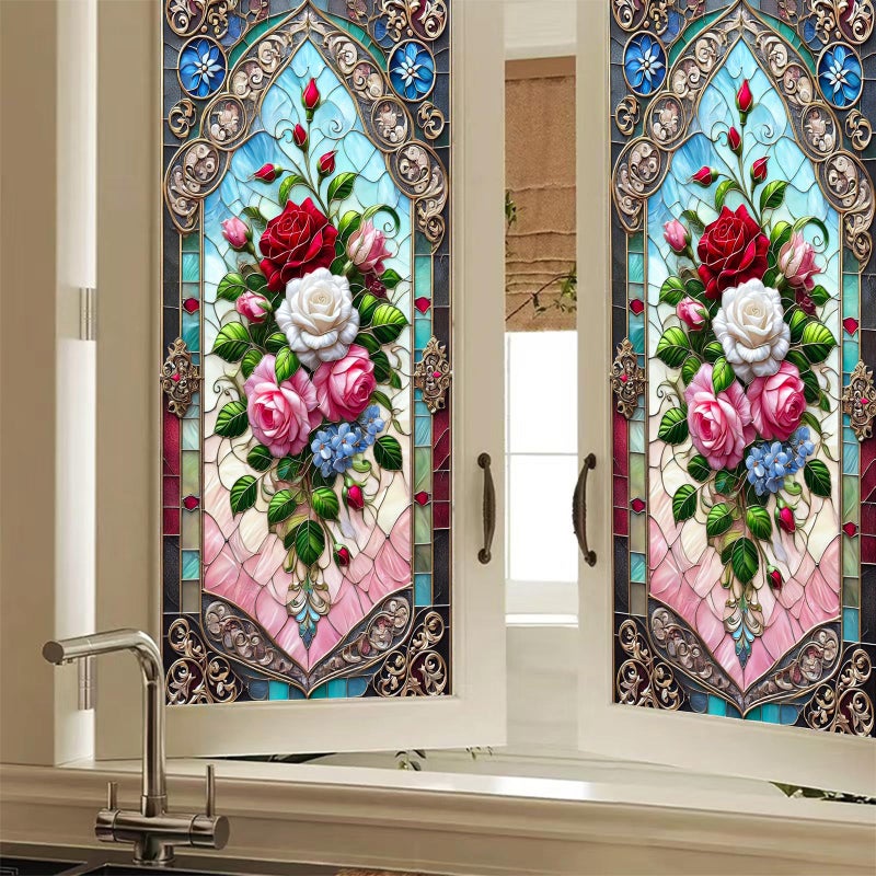 BlissYard Stained Glass Window Film Rose Bouquet Window Privacy Film Stained Decals Static Cling Sun Blocking Decor for Home Office Windows Doors Glass Partitions 17.7x39.3 inch - Image 1