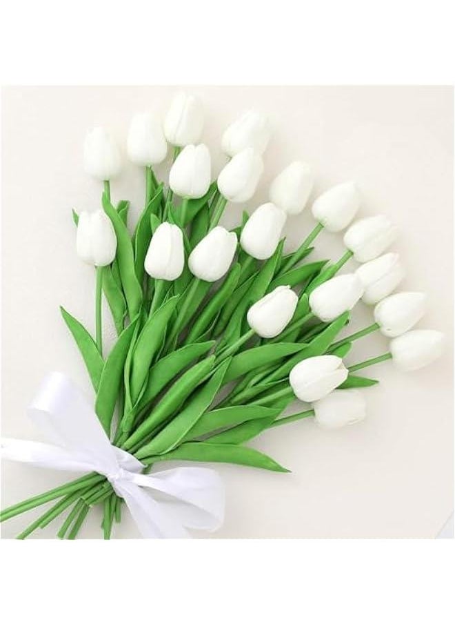 HOOKOR 20Pcs Latex Tulips Real Touch White Artificial Flowers Fake Tulips Arrangement Bouquet for Home Office Wedding Decor  - Image 1