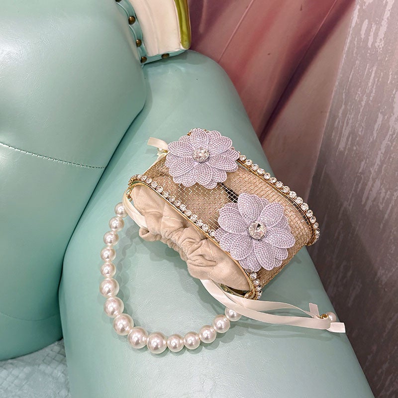 Retro Fashion Diamond-Encrusted Rhinestone Flower Metallic Bucket Bag Small Fragrant Style Hollow High-End Handbag - Image 5