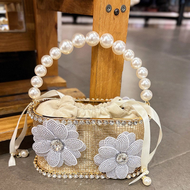 Retro Fashion Diamond-Encrusted Rhinestone Flower Metallic Bucket Bag Small Fragrant Style Hollow High-End Handbag - Image 4