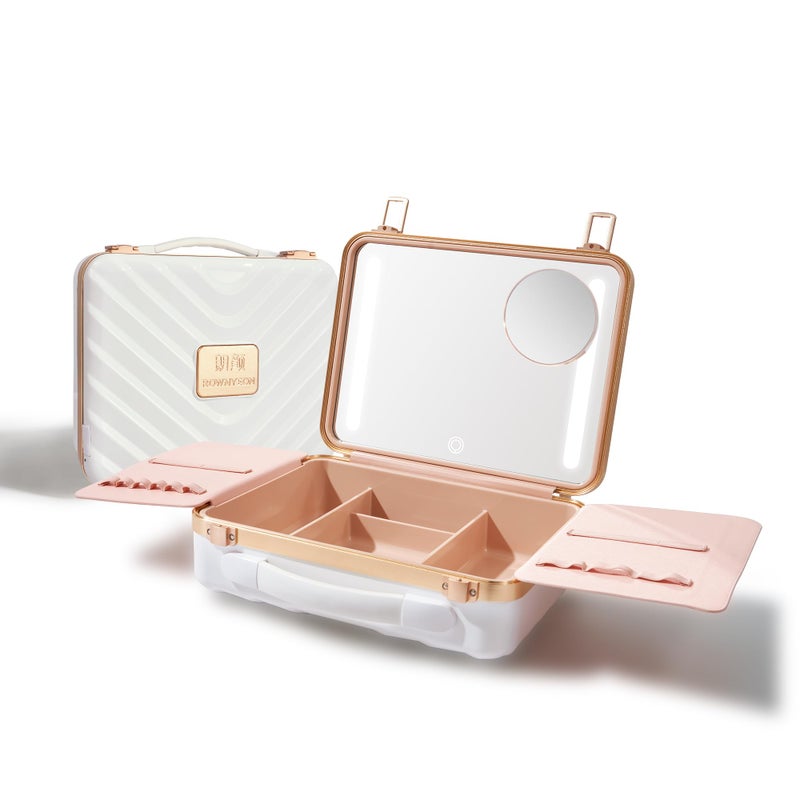 ROWNYEON Travel Makeup Case With Light Up Mirror - Portable Organizer and Train Case for Makeup Artists and Hairstylists with 5x Mirror(White) - Image 1