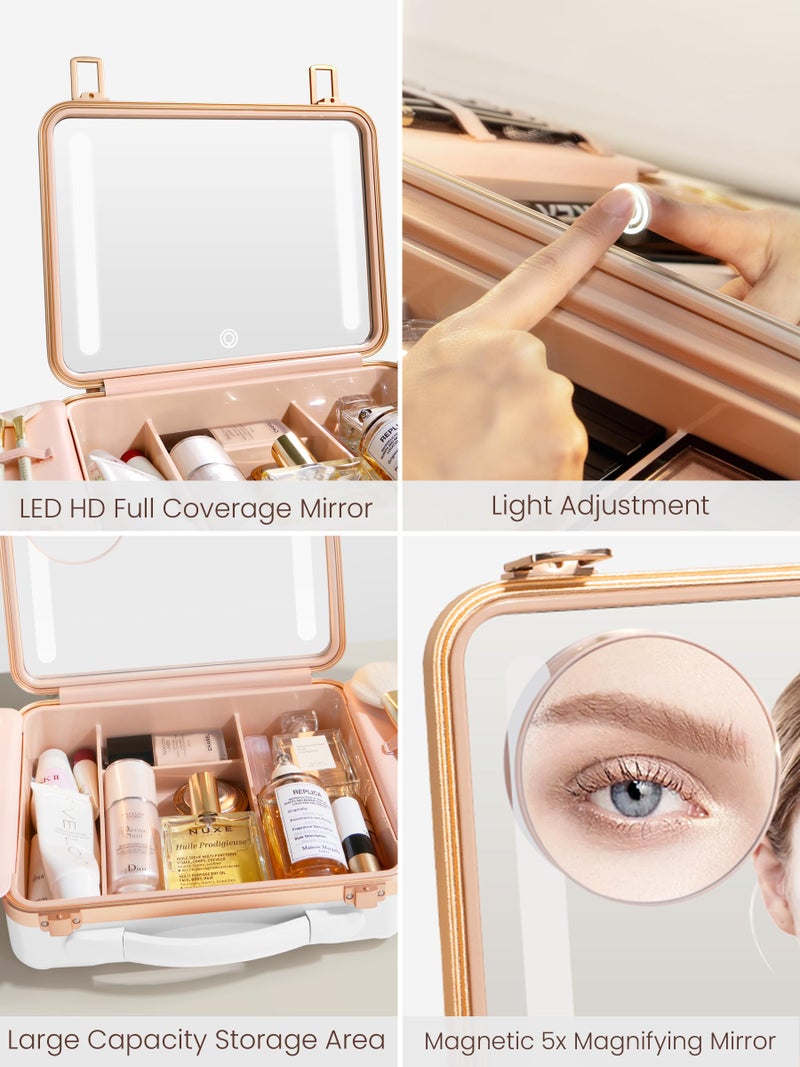 ROWNYEON Travel Makeup Case With Light Up Mirror - Portable Organizer and Train Case for Makeup Artists and Hairstylists with 5x Mirror(White) - Image 2