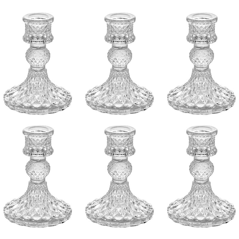 AUMAYCO 6 Pack Glass Taper Candlestick Holders, Clear Candlestick Holders, 4" H Crystal Candle Holders Decorative Candle Stand Centerpiece for Wedding, Festival, Dinning Party Table Decor - Image 1