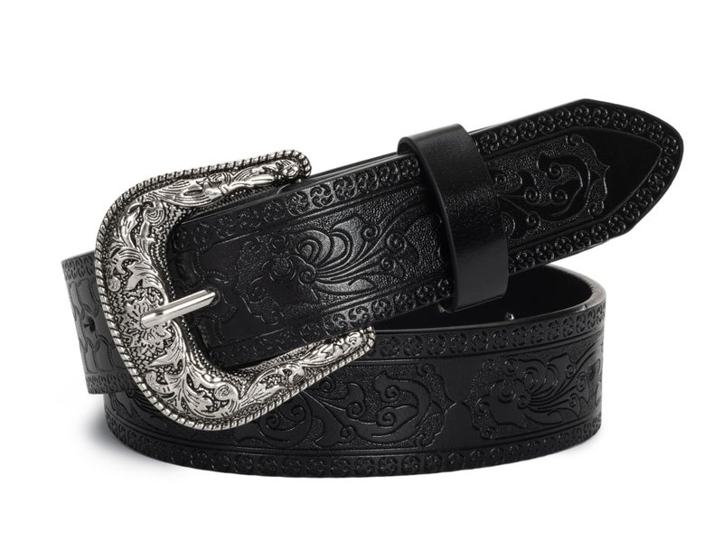 Mealah Vintage Western-Cowboy-Belt for Women Men - Carved Buckle PU Leather Waist Belts (for Waist 28"-38") - Image 1