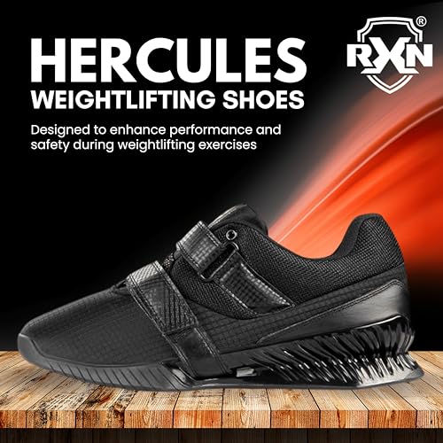 RXN Hercules Weightlifting Shoes - Powerlifting, Deadlifting & Crossfit - Strap and Lace-Up Gym Shoes - Non-Slip Olympic Lifting Shoes (Black/Black, 3) - Image 2