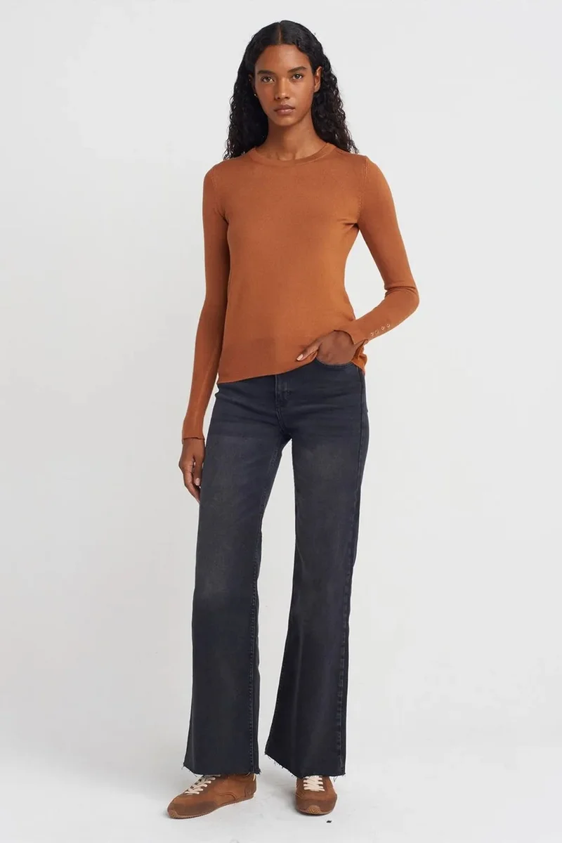 Dilvin Camel Brown DILVIN Ribbed Crew Neck Slim Fit Sweater for Women | Best Price UAE