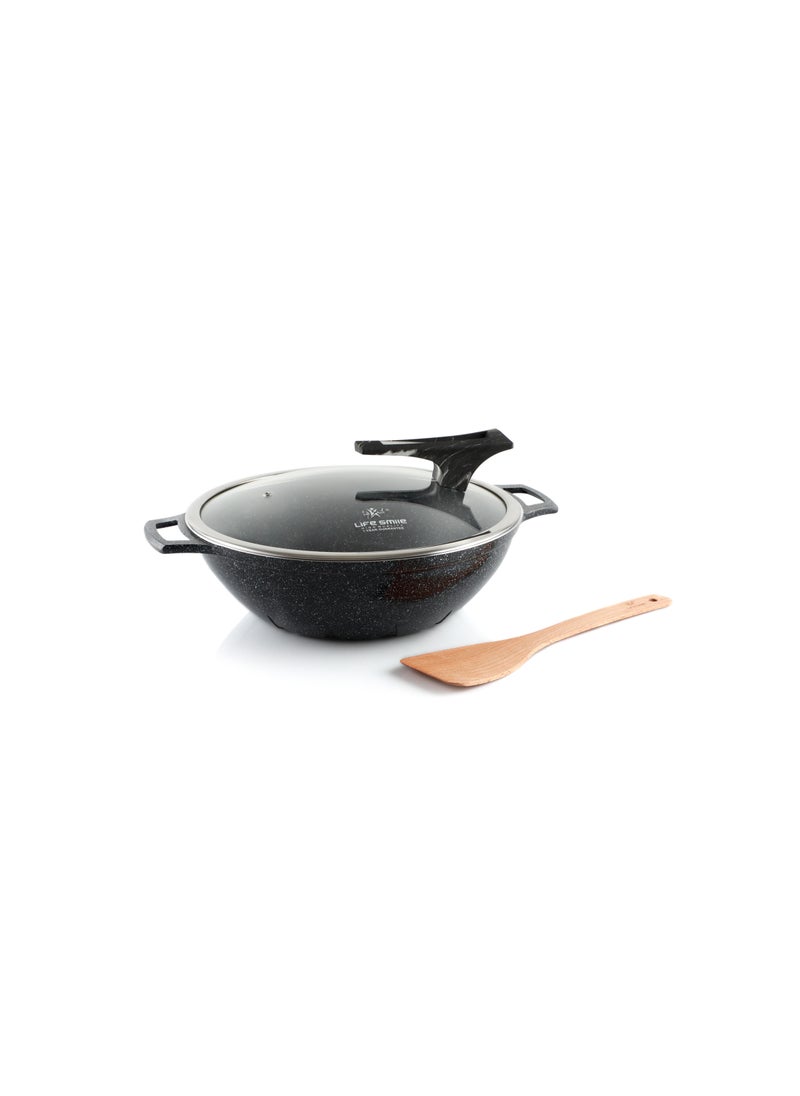 Life Smile - Wok Pan With Lid and 2 Handle Granite Coating - Die cast Aluminum Scratch Resistant Frying Pan , PFOA Free Induction Bottom Woks And Stir Fry Pans 32 CM - Image 1