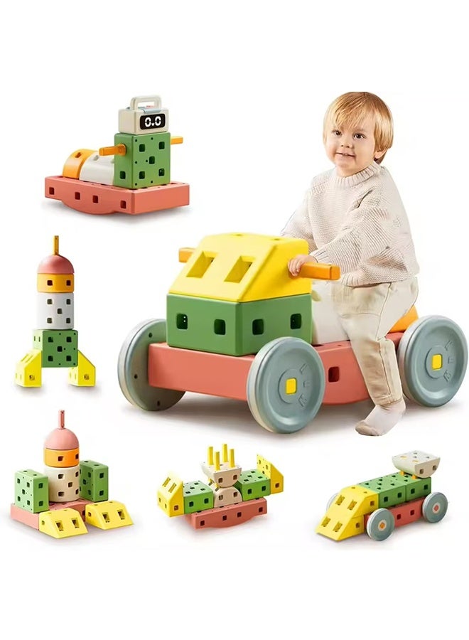 JCB CHIC 44pcs DIY Building Blocks Sets For Toddlers,Large Plastic Blocks with Wheels,Stacking Soft Blocks for Kids with Shapes & Colors Learning - Construction Building Preschool Toys - Giant Toy for Daycare Toddlers - Image 1