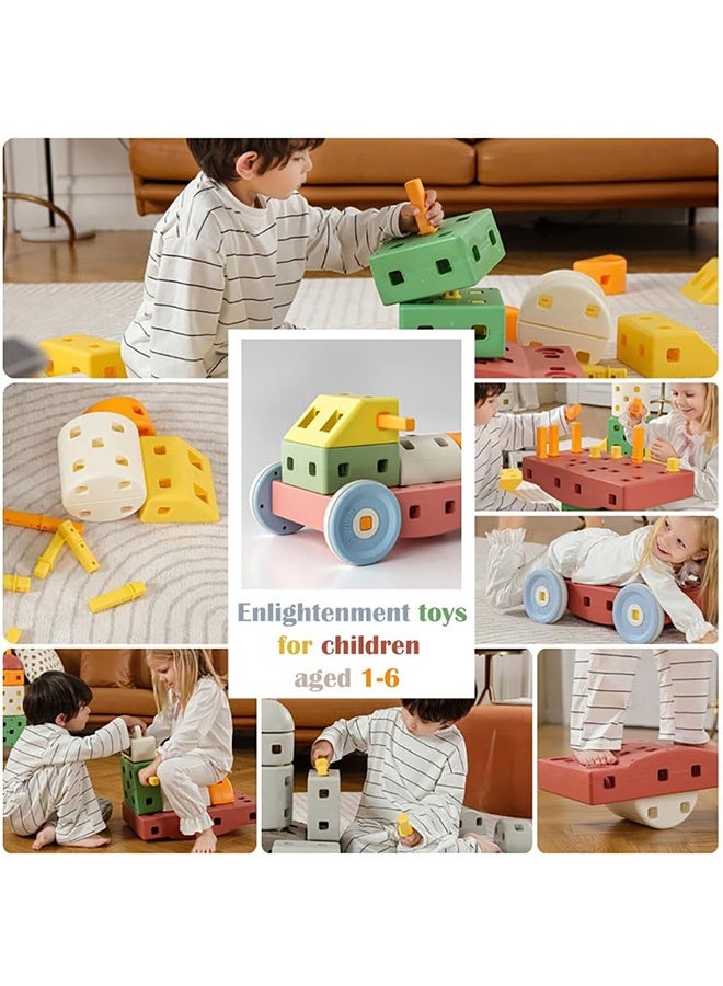 JCB CHIC 44pcs DIY Building Blocks Sets For Toddlers,Large Plastic Blocks with Wheels,Stacking Soft Blocks for Kids with Shapes & Colors Learning - Construction Building Preschool Toys - Giant Toy for Daycare Toddlers - Image 4
