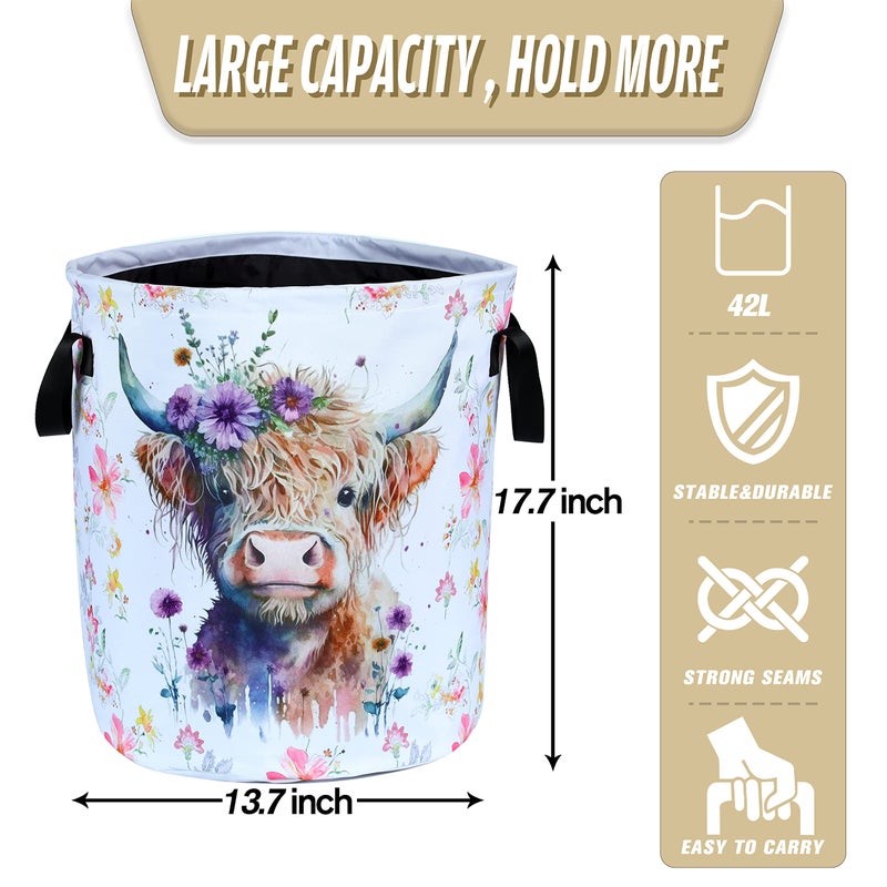 NUTAINLA Highland Cow Laundry Basket Foldable Waterproof Oxford Cloth Funny Tote Bag Laundry Hamper Clothes Storage Bucket Toy Organizer For Bathroom/Laundry Storage/Bedroom Storage Basket 17.7x13.7 Inch - Image 2