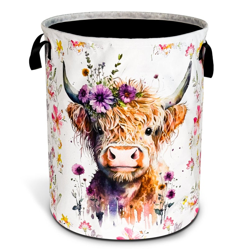 NUTAINLA Highland Cow Laundry Basket Foldable Waterproof Oxford Cloth Funny Tote Bag Laundry Hamper Clothes Storage Bucket Toy Organizer For Bathroom/Laundry Storage/Bedroom Storage Basket 17.7x13.7 Inch - Image 1